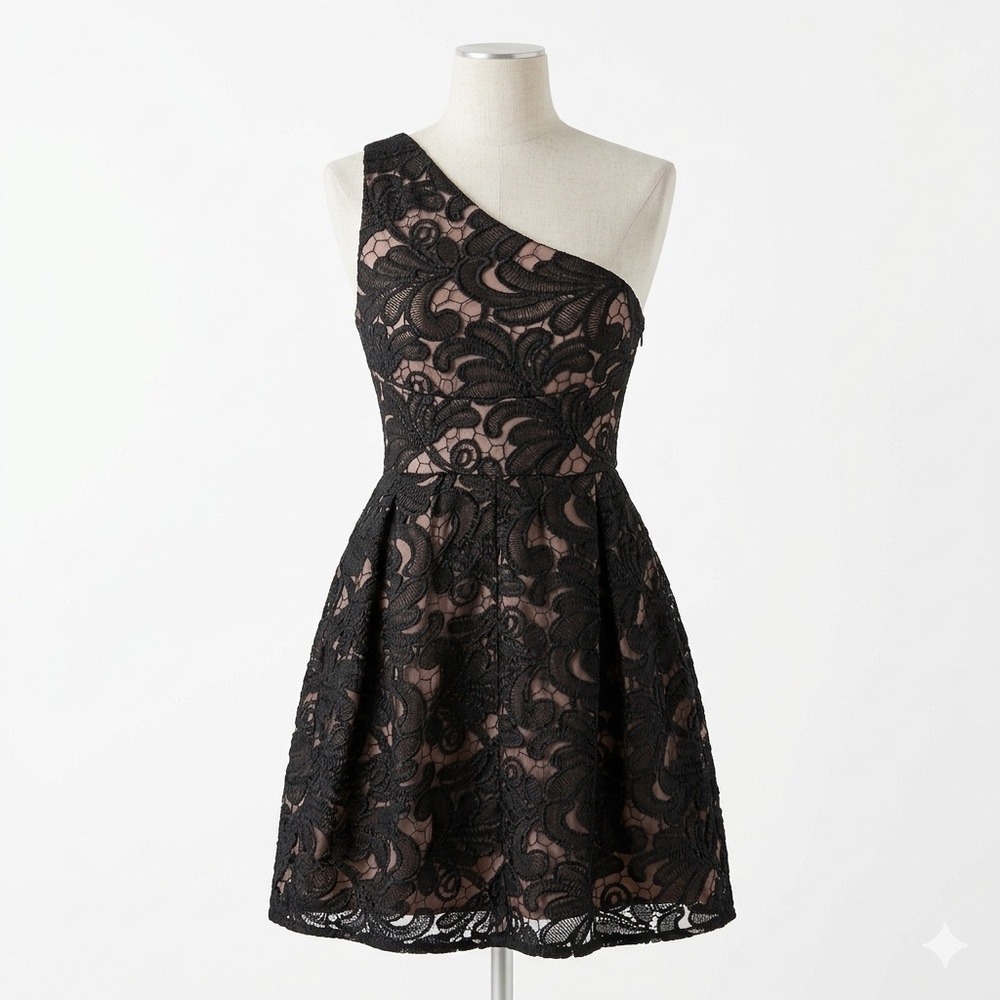 Jill Stuart Black Lace One Shoulder Dress Size 0 Fit Flare Party Cocktail Mini
